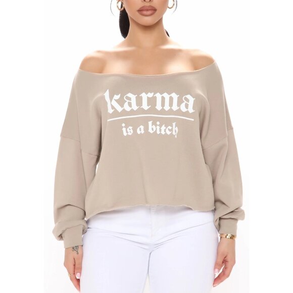 Fashion Nova ✦ Karma Is a B Off‑Shoulder Sweatshirt ✦ Mocha Graphic Raw Hem NWT - Picture 2 of 4